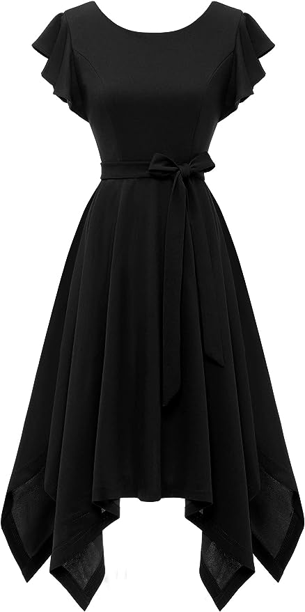 MUADRESS Women\\\'s Flutter Sleeve Cocktail Party Dresses Fit Flare Swing Bridesmaid Dress Homecoming Dress for Teen Black M