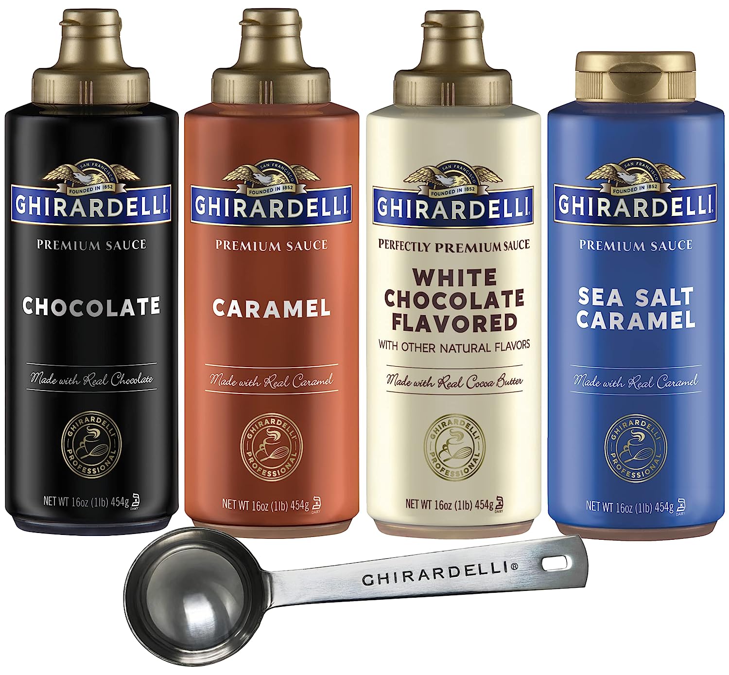 Ghirardelli Chocolate, Caramel, White Chocolate and Sea Salt Caramel Flavored Sauce 16 oz Bottles (Pack of 4) with Ghirardelli Stamped Barista Spoon