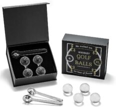 Golf Ball Whiskey Chillers - Set of 5- Gift Set for Men; Chillers Golfers, Reusable Ice Cubes, Glass Chilling Rocks; 4 Whiskey Rocks with Tongs; Golf Gift for Men (Crystal Clear)