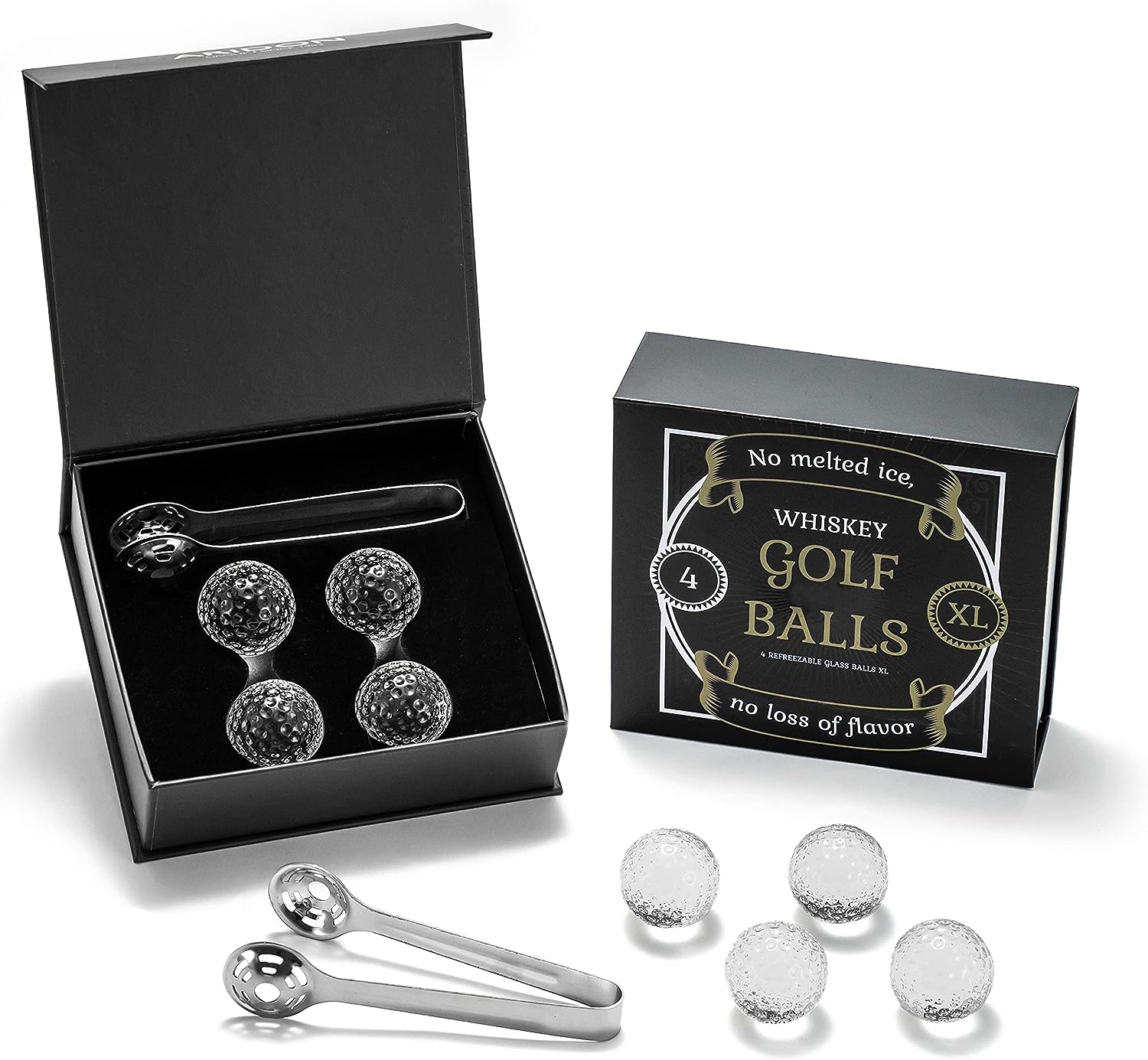 ARIDON- Gifts for Him- Crystal Clear Glass Golf Ball Whiskey Chillers, Golf Ball Ice for Whiskey Lovers, Perfect Golf Gifts for Men Dad Husband Boyfriend Tong & Gift Box Incl