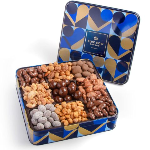 Blue Bow Gourmet Chocolate Gift Basket with Toffee & Chocolate Nuts in Tin for Father\'s Day Gift, Birthday, Thank You, Men, Women