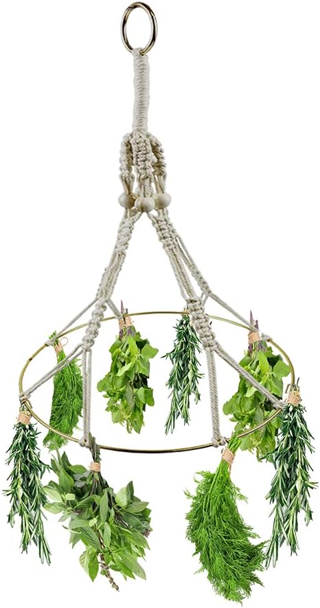 Shiyode Herb Dryer Handmade Plant Drier Rack Kit Flower Drying Hanging Holder Decorative Hanger with Hooks for Herb and Spices Drying, Gold