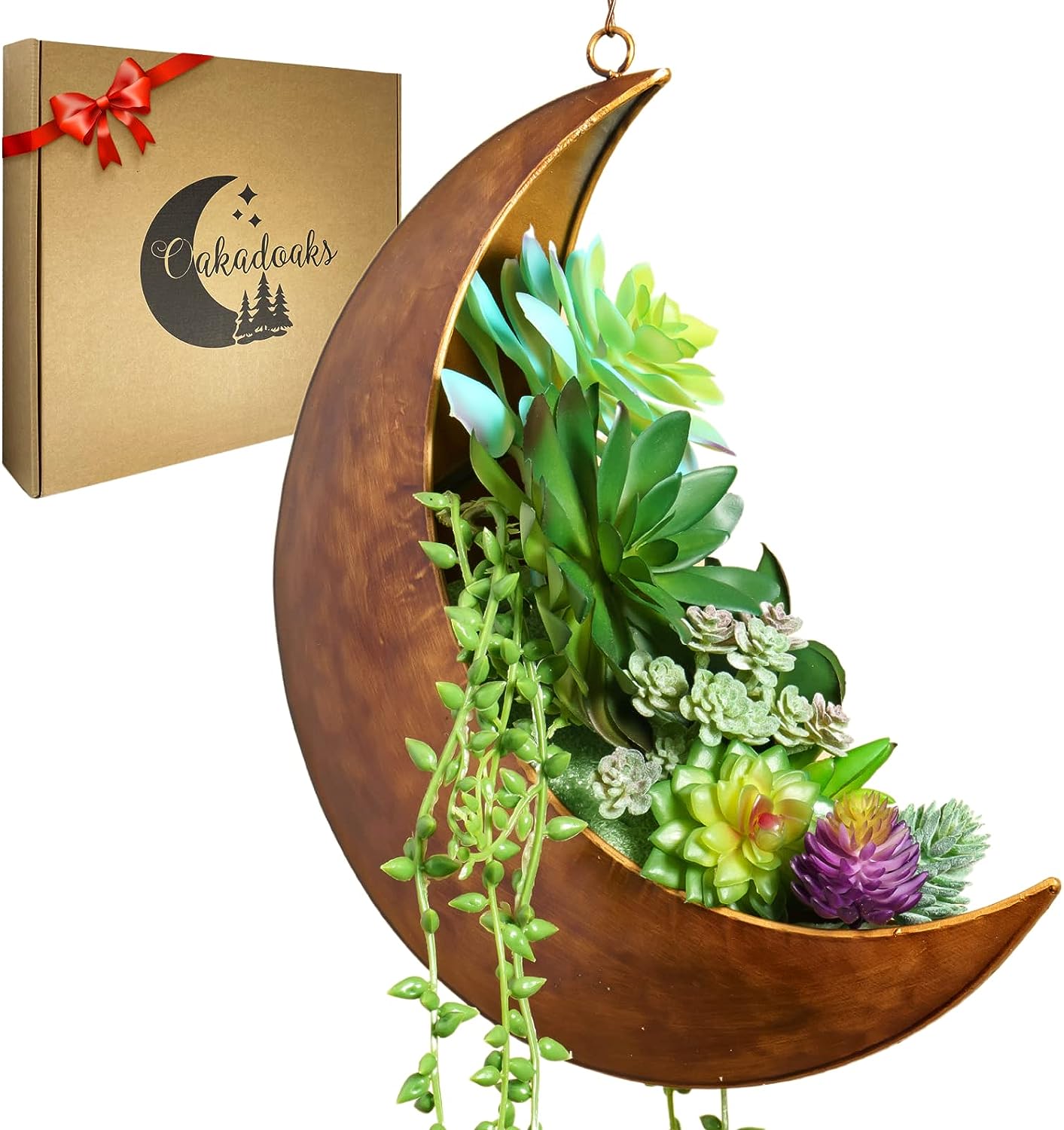 Oakadoaks Hanging Moon Planter for Moon Room Decor Great for Succulents,Air Plant,Mini Cactus,Faux,Artificial Plants-12” Boho Rustic Metal Planters,Gifts for Women,Birthdays,Nursery