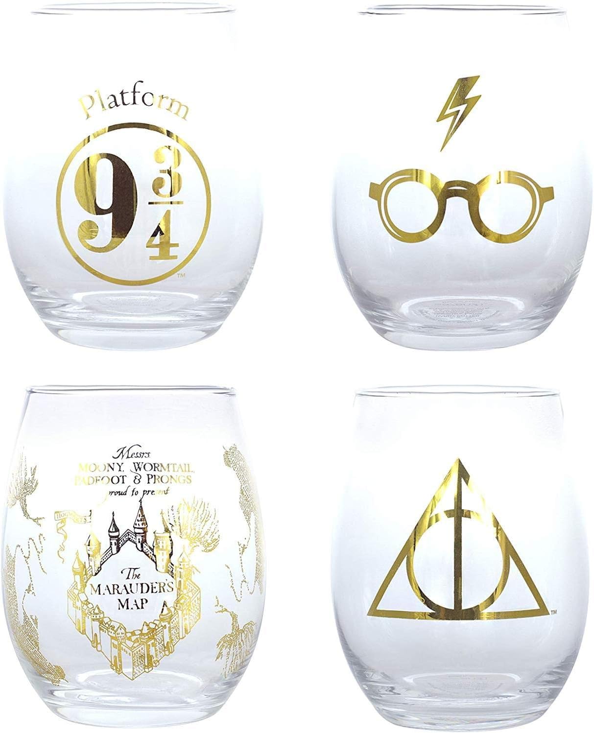 Harry Potter Stemless Wine Glasses, Set of 4 - Gold Symbols and Designs - Glass - 17 oz
