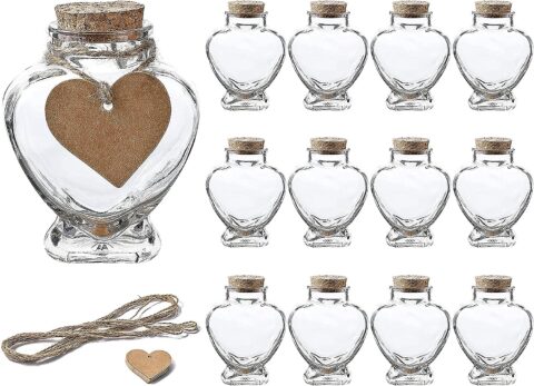 WHOLE HOUSEWARES | Heart Jar Shaped Glass Favor Jars with Cork Lids | Set of 12 | 5oz Glass Wish Bottles with Personalized Heart Shaped Label Tags and String (12)