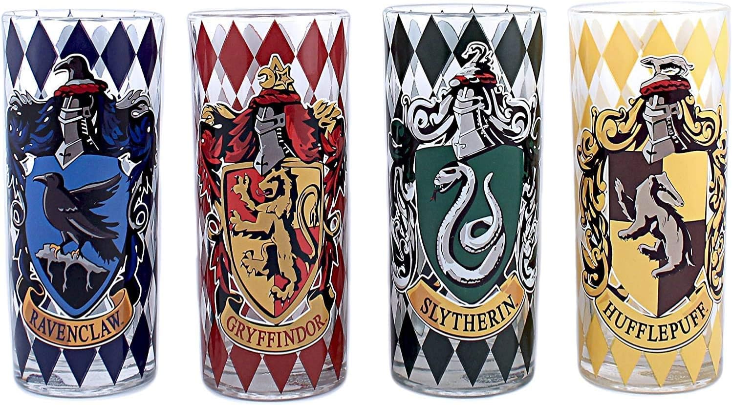 Silver Buffalo Glass Harry Potter Hogwarts House Crests 4-Pack Tumbler Set, 10-Ounces