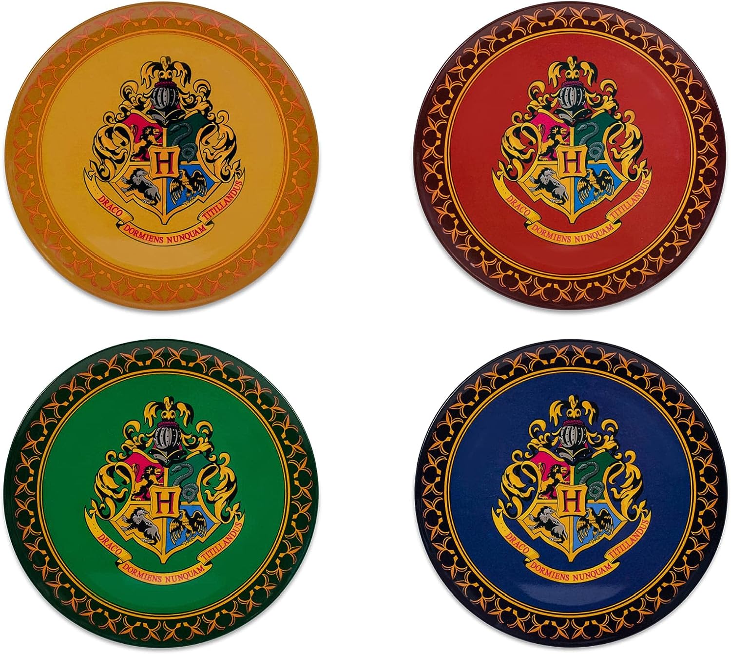 Silver Buffalo Harry Potter Hogwarts Crest Solid Diamond Pattern 4pc Melamine Plate Set, 10-Inches