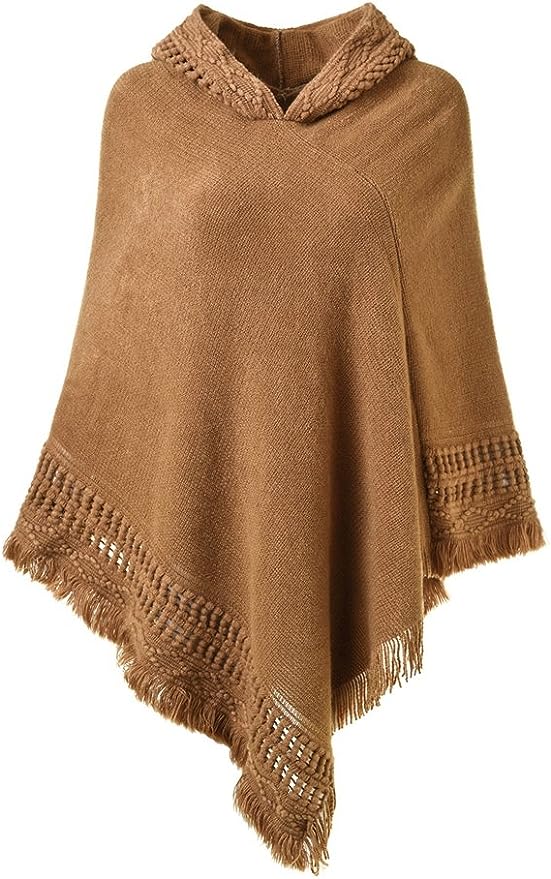 Ferand Ladies\\\\\\\' Hooded Cape with Fringed Hem, Crochet Poncho Knitting Patterns for Women, Camel