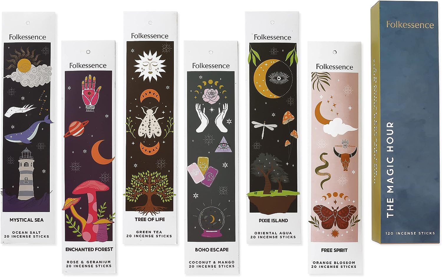 Folkulture Incense Sticks - Set of 6 Insenses (120 Sticks) for Positive Aura - Coconut and Mango, Oriental Aqua, Green Tea, Ocean Salt, Rose and Geranium, Orange Blossom - Boho Gift Set - Magic Hour