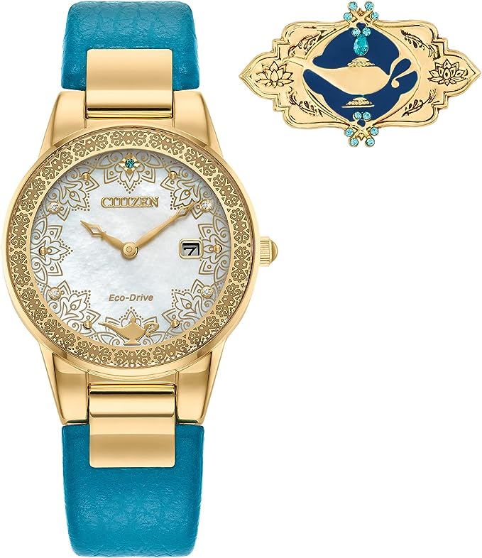 Citizen Eco-Drive Ladies' Disney Aladdin 30th Anniversary, Princess Jasmine Teal Leather Strap Watch and Pin Gift Set, Mother-of-Pearl Dial, Crystals, 30mm (Model: GA1072-07D)