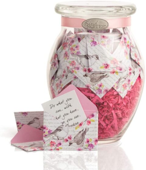 KindNotes Glass Keepsake Gift Jar with Love Messages (for Couples) - Birds and Flowers