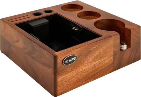 IKAPE V2 Espresso Knock Box, 58MM Espresso Coffee Organizer Box Fit for Storage 58MM Espresso Tamper, Distributor, Portafilter & Puck Screen Accessories, Natural Walnut Tamper Station Base (8 IN One)