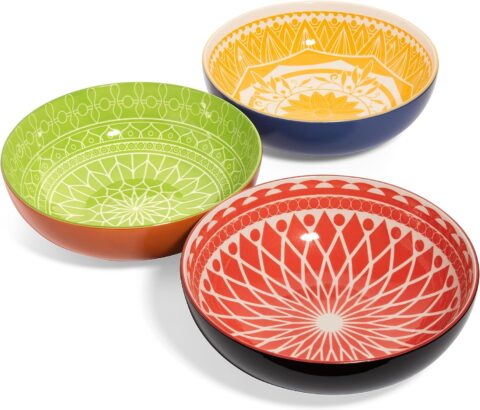 Annovero Serving Bowls, Set of 3 Large Porcelain Dishes for Entertaining, Big Bowl for Eating, for Soup, Salad, Pasta, Parties, Fruit, Chips, 9.5 Inch Diameter, 72 Fluid Ounce Capacity