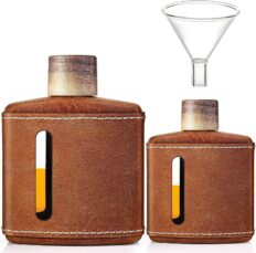 Handmade Crazy Horse Leather Hip Flasks for Liquor for Men, Glass Whiskey Flask with Funnel & Wood Lids Leakproof for Hennessy Liquor & Spirits, Premium Flask Set Gifts Idea for Men (100ml+200ml)
