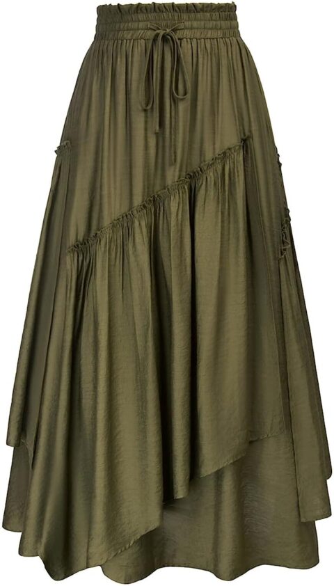 Women Long Summer Renaissance Asymmetric Pleated Skirt with Pockets Army Green M