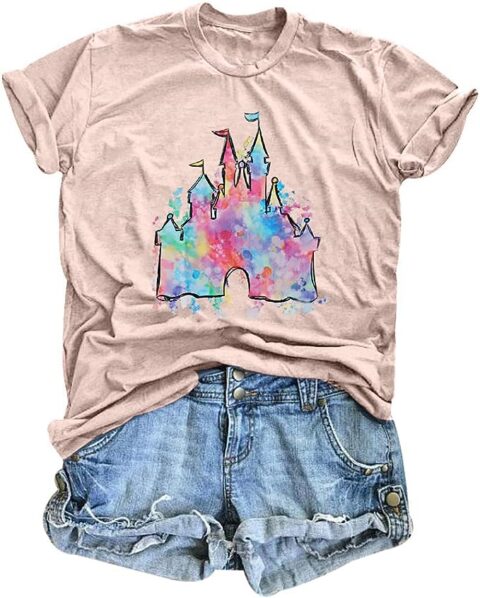 LUKYCILD Magic Castle Shirt Cute Graphic Short Sleeve T-Shirt Casual Holiday Vacation Tops Pink