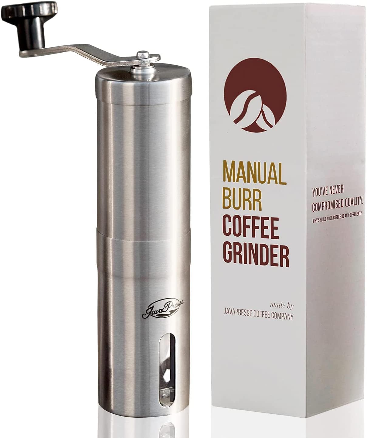 JavaPresse Manual Coffee Grinder — Stainless Steel Manual Conical Burr Coffee Bean Grinder with Hand Crank and 18 Adjustable Settings, Fine to Coarse — Portable Espresso Grinder for Camping or Travel