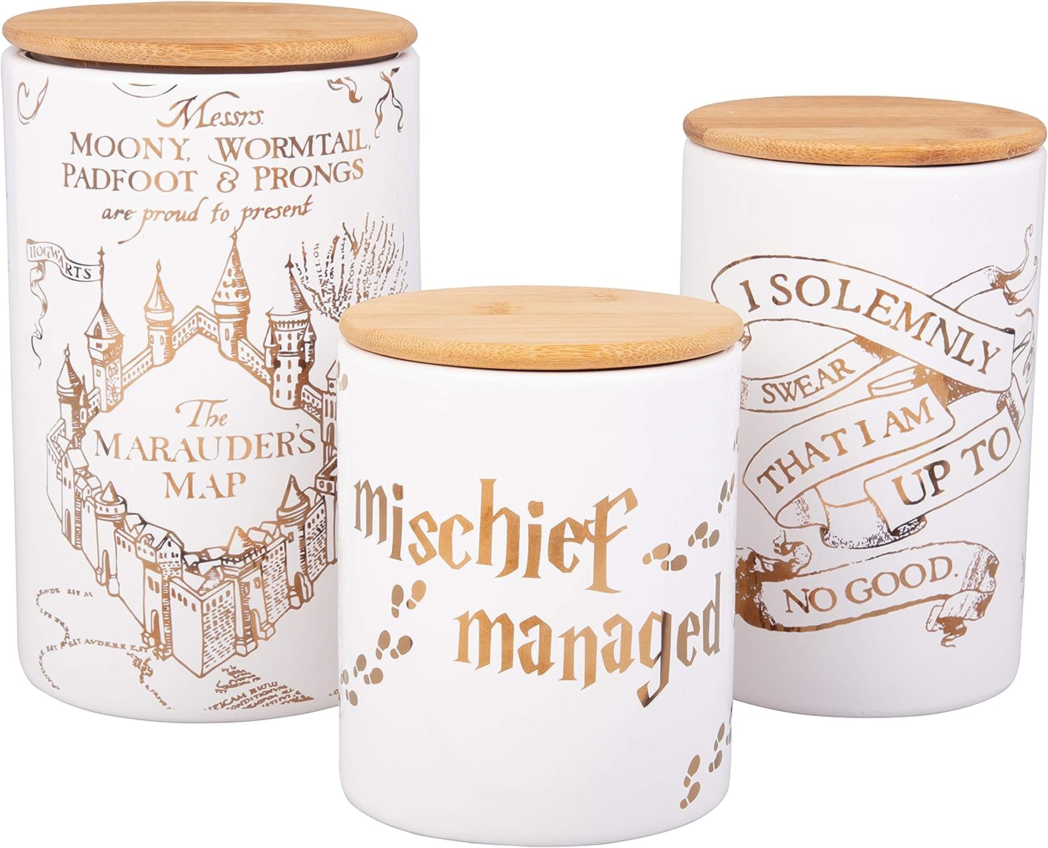 Harry Potter Marauder\'s Map Porcelain 3 Piece Canister Set - Three Sizes with Gold Marauders Map Design