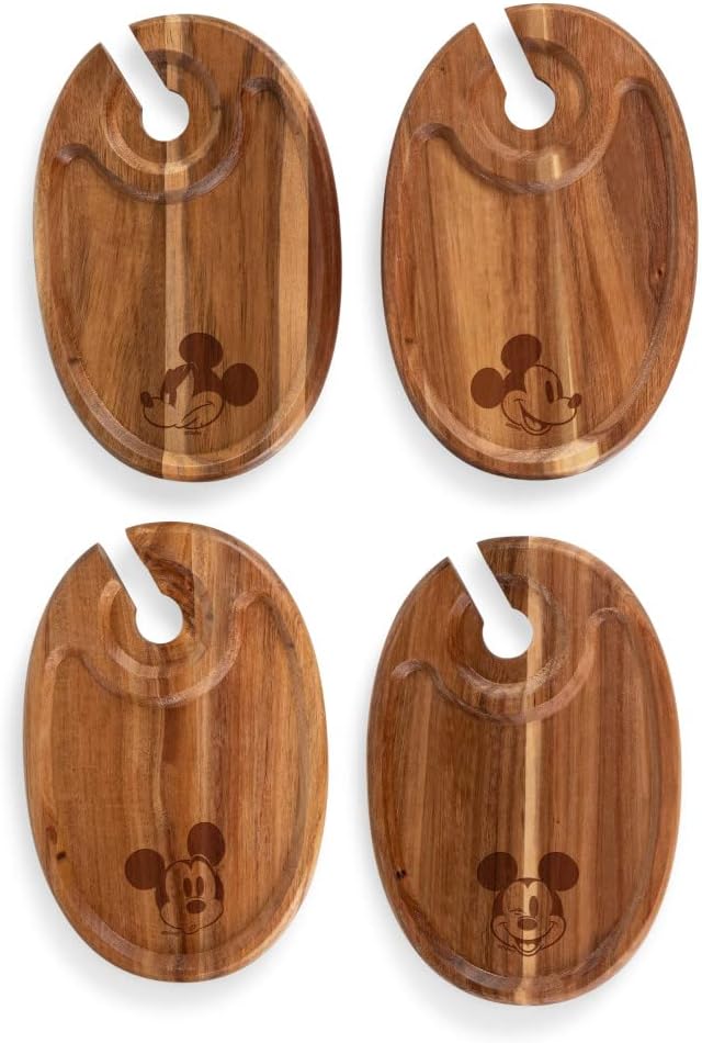 PICNIC TIME TOSCANA Disney Mickey Mouse Wine Appetizer Plates Set of 4, Cocktail Plate with Glass Holder, Cheese Board with Wine Holder, (Acacia Wood)