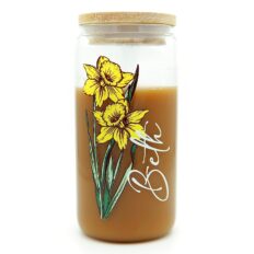 Personalized Color Birth Flower with Name, Custom Glass Cup Ice Coffee Bridesmaid Gift for Her, Friend, Birthday, Bachelorette Party, Customized Aesthetic Boho Floral Beer Can Tumbler Bamboo Lid Straw