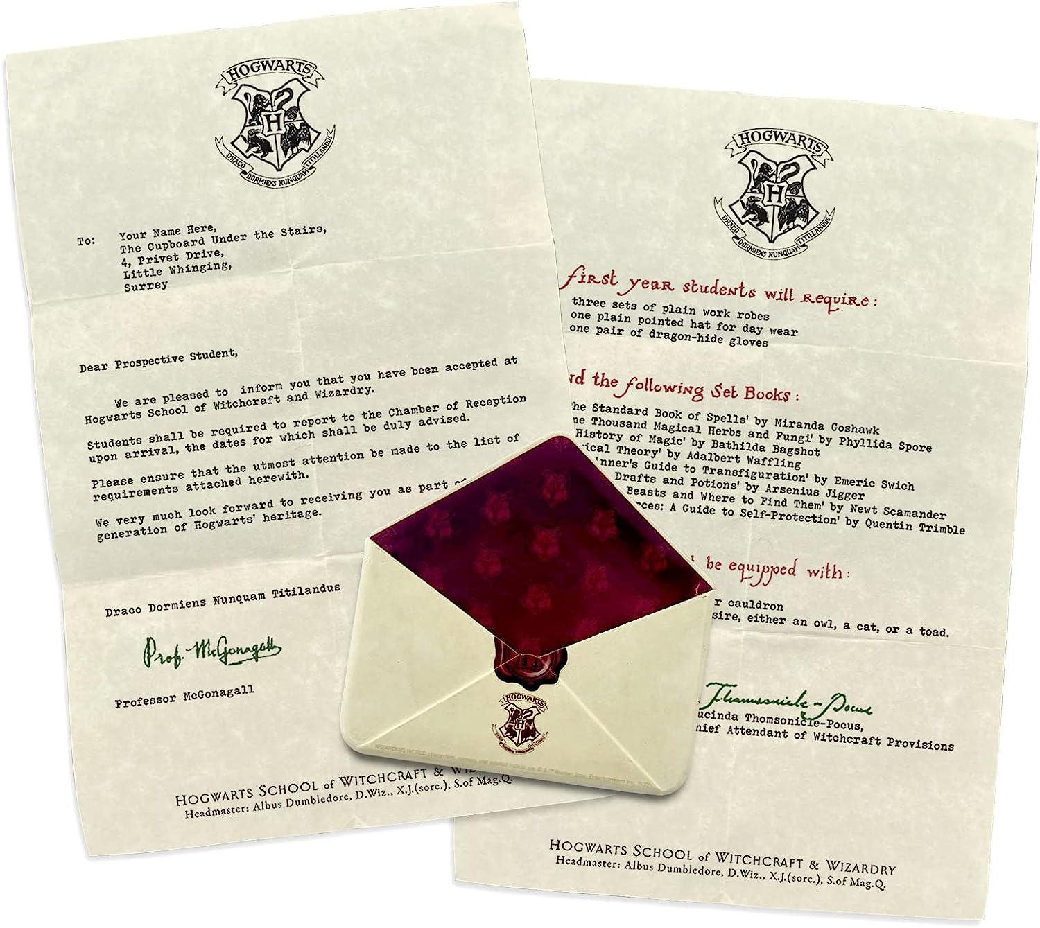Harry Potter – Personalized Hogwarts Acceptance Letter – 3.5” x 3.5” Functional Resin Envelope Magnet with 5” x 8” Letter from Professor McGonagall | Officially Licensed Merchandise