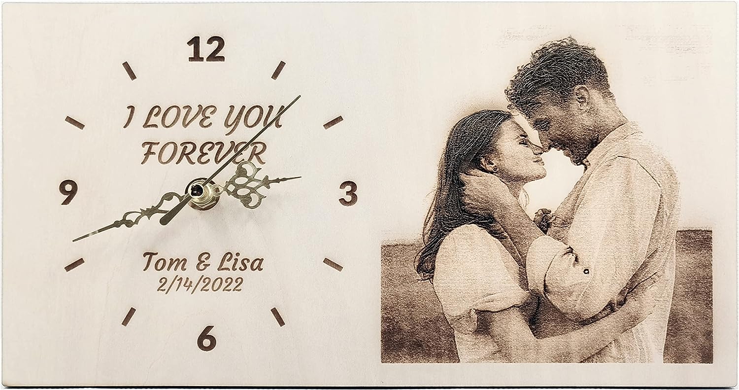 Personalized Wooden Clock with Photo, Custom Photo Engraved Desk Clock for Living Room, Bedroom, Kitchen, Perfect Decoration Gifts for Birthday,Wedding, Graduation,Anniversary,and Family Memories 