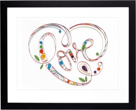 Rainbows & Lilies 12x15 Heart Shaped Love Sign Handmade of Quilling Paper - Framed Inspirational Wall Art for Home or Office - Love Decor for Engagement, Bridal Shower & Wedding Gifts