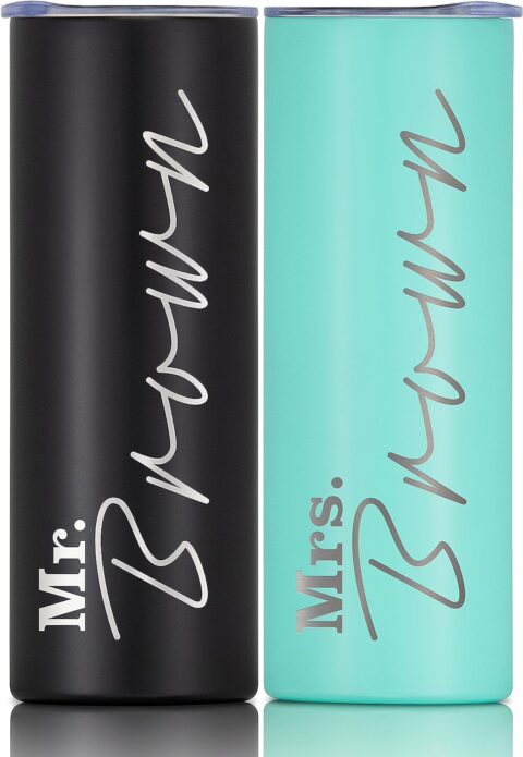 Personalized Mr & Mrs Gift Set of 2 Tumblers with Engraved Names, 20 oz Stainless Steel Vacuum Insulated Coffee Tumblers with Slider Lid, Custom Cup Wedding, Bride to Be, Honeymoon. Black & Teal.