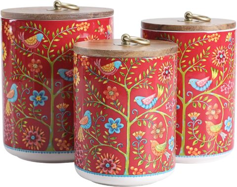 Bico Red Spring Bird Ceramic Canister Set of 3 for Kitchen Counter, 62oz, 40oz, 32oz each, with Wooden Air Tight Lid, Food Storage Jar for storing Coffee, Tea, Spice, Dishwasher Safe
