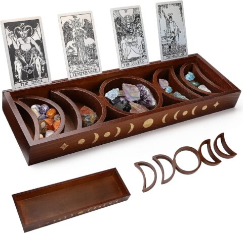 Tarot Card Holder Stand, BestMal Crystal Holder for Stones Display, Wooden Tarot Card Stand with 5 Detachable Moon Phase Tray, Tarot Card Box for Tarot Display Reading Decorative Wiccan Altar Supplies