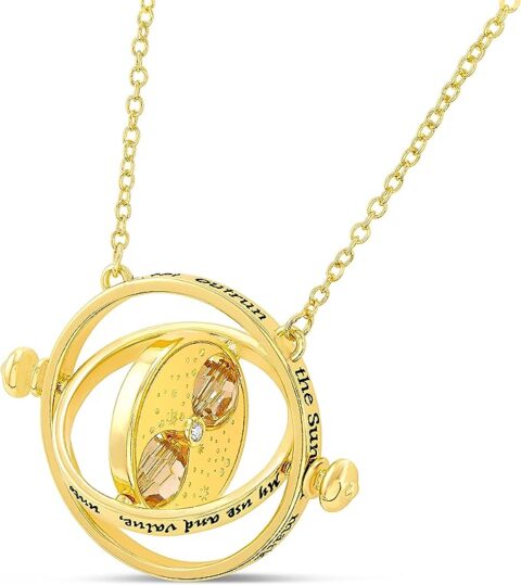 Harry Potter Jewelry - Hermione Time Travel Magical Hourglass Rotating Necklace, Time Turner, Gold Plated, 22\"
