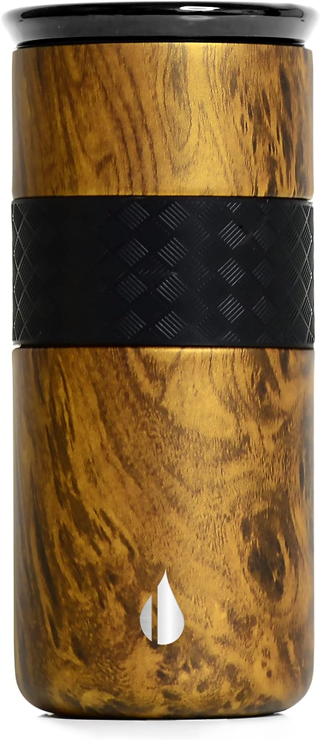 Elemental Artisan Insulated Tumbler, Triple Wall Coffee Travel Mug, Reusable Stainless Steel Coffee Tumbler with Ceramic Lid, Thermal Coffee Cups for Hot (6 Hrs) & Cold (18 Hrs), 16oz - Teak Wood