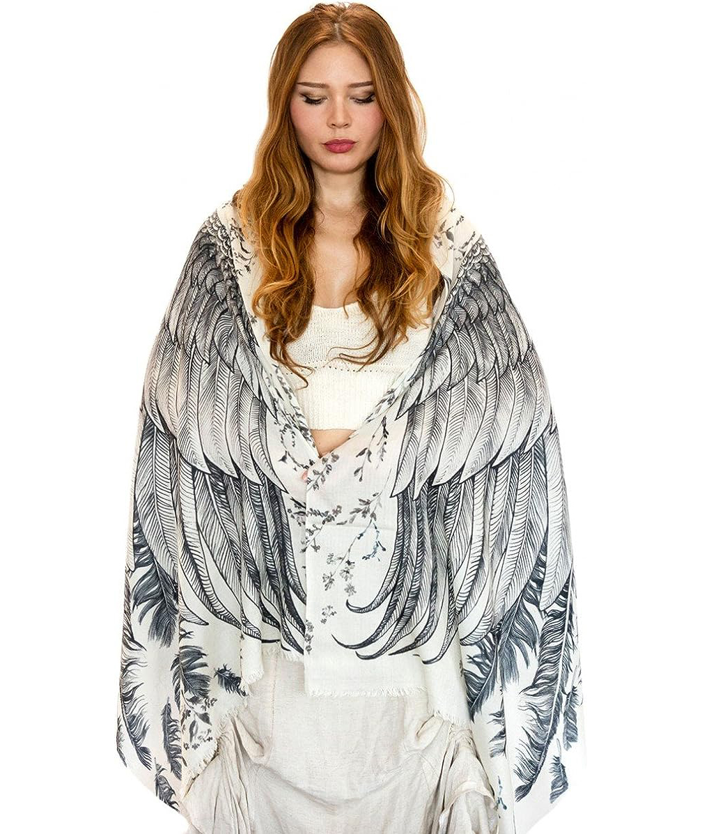 Delicately Hand Painted Silk & Cashmere White Bird Feather Wrap Scarf