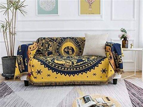 MayNest Boho Woven Throw Blanket Reversible Cotton Bohemian Tapestry Hippie Room Decor Witchy Astrology Zodiac Celestial Constellation Carpet Bed Chair Couch Sofa Cover Double Sided (Yellow, XL:98x91)