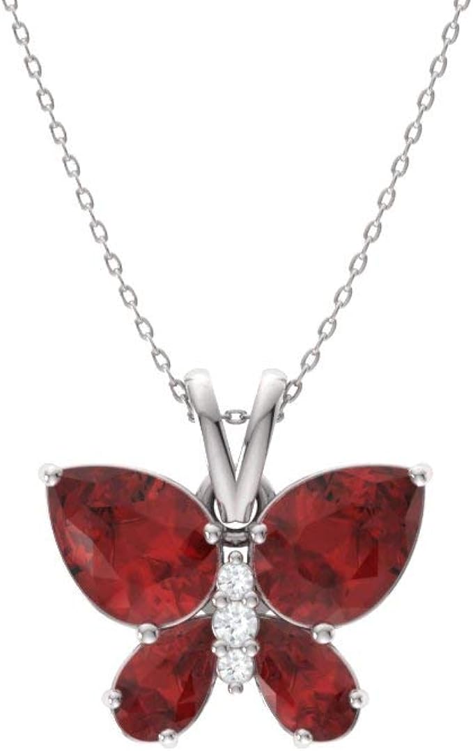 Diamondere Natural and Certified Garnet and Diamond Butterfly Petite Necklace in 14k White Gold | 1.11 Carat Pendant with Chain