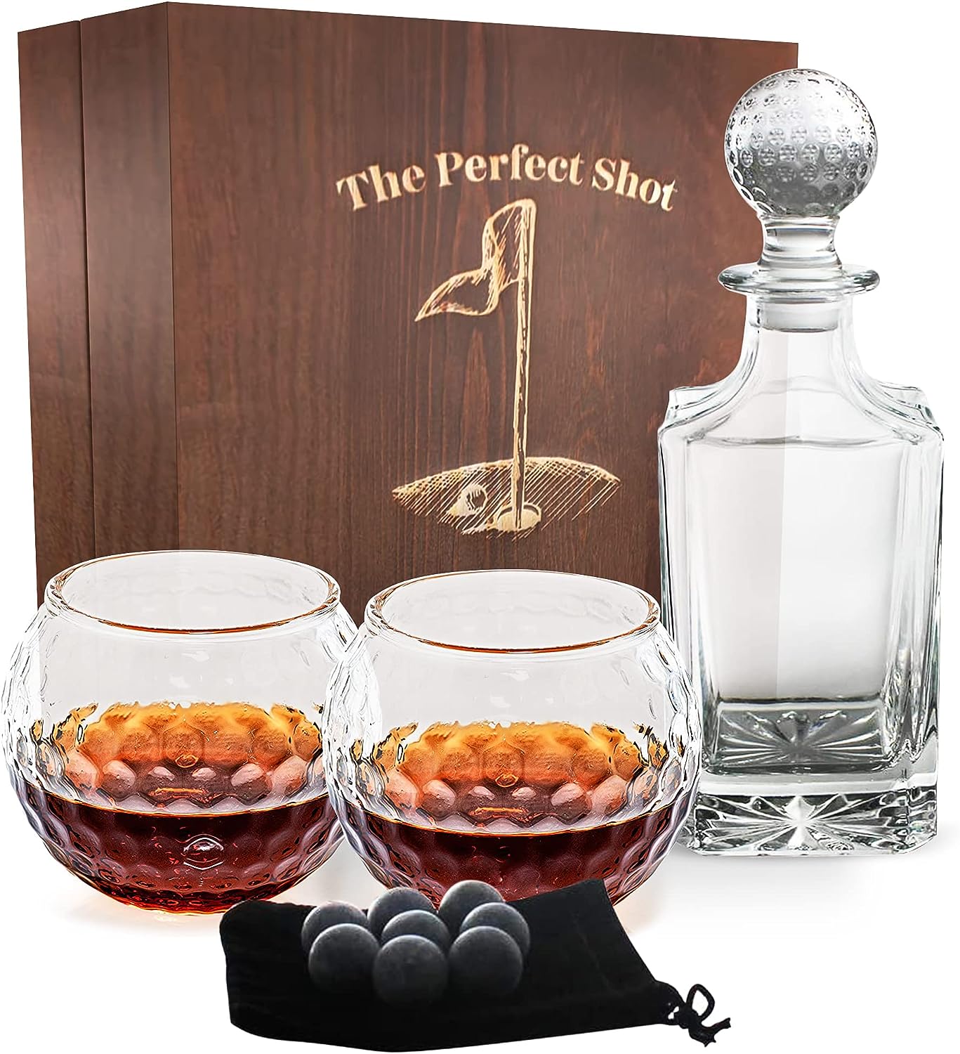 Golf Ball Whiskey Glass and Decanter Set by The Perfect Shot Whiskey Co. | Perfect Golf Gift Decanter Gift Set | Decanter, 2 Golf Ball Whiskey Glass, 8 Whiskey Stones and Gift Box