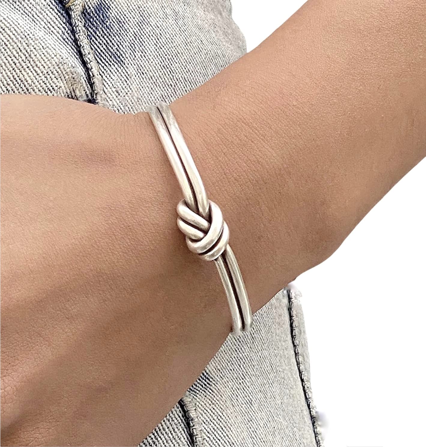 Handmade Sterling Silver Knot Cuff Bracelet, Minimalist Rustic Simple Tied Silver Wires, Adjustable 6 7/8 inches Cuff, Women size M-L, Men size S-M, Gift for Her or Him