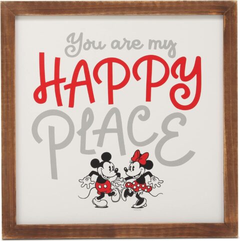 Open Road Brands Disney Mickey and Minnie Mouse You are My Happy Place Framed Wood Wall Decor - Cute Mickey Mouse Picture