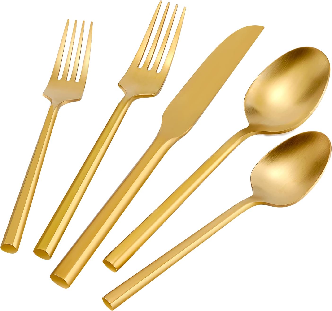 DEACORY Silverware Set Flatware Set Matte Gold Cutlery Set Brushed Brass Heavy Hexagon Handle Stainless Steel 20 Pieces Dishwasher Safe Service for 4