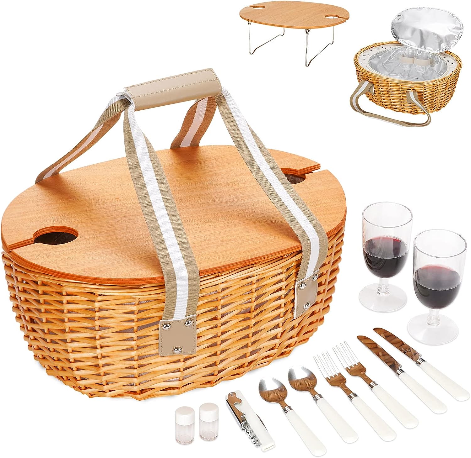 STBoo Wicker Picnic Basket for 2 with Large Insulated Cooler Compartment and Folding Table, Cutlery Service Kits, Willow Hamper Set with Woven Handles for Camping, Outdoor, Christmas, Party(Beige)