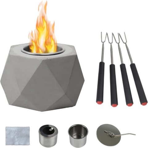 Portable Tabletop Fire Pit Set with 4 Smores Sticks - Gift Idea - Mini Smokeless Smores Maker Tabletop Indoor & Outdoor - Table Top Firepit Concrete Bowl for Patio or Room - Cozy Personal Fireplace
