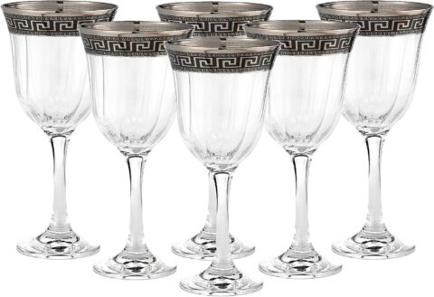 Cristalleria Italian Decor\" Crystal Water Beverage Goblet, 12 oz. Silver Platinum Greek Key Ornament, Hand Made in Italy, SET OF 6 Glasses