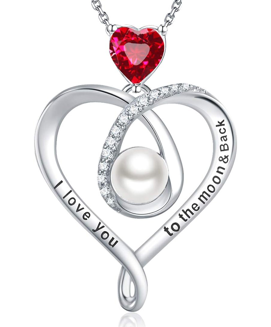 Valentines Day Birthday Gifts Ruby Necklace for Wife I Love You to the Moon and Back Sterling Silver Pearl Jewelry