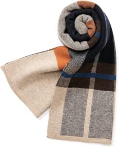 Villand Australian Merino Wool Tartan Knitted Scarf for Men, Plaid Winter Warm Thick Soft Neckwear with Gift Box, 12\" W x 70\" L (Camel Orange Tartan)
