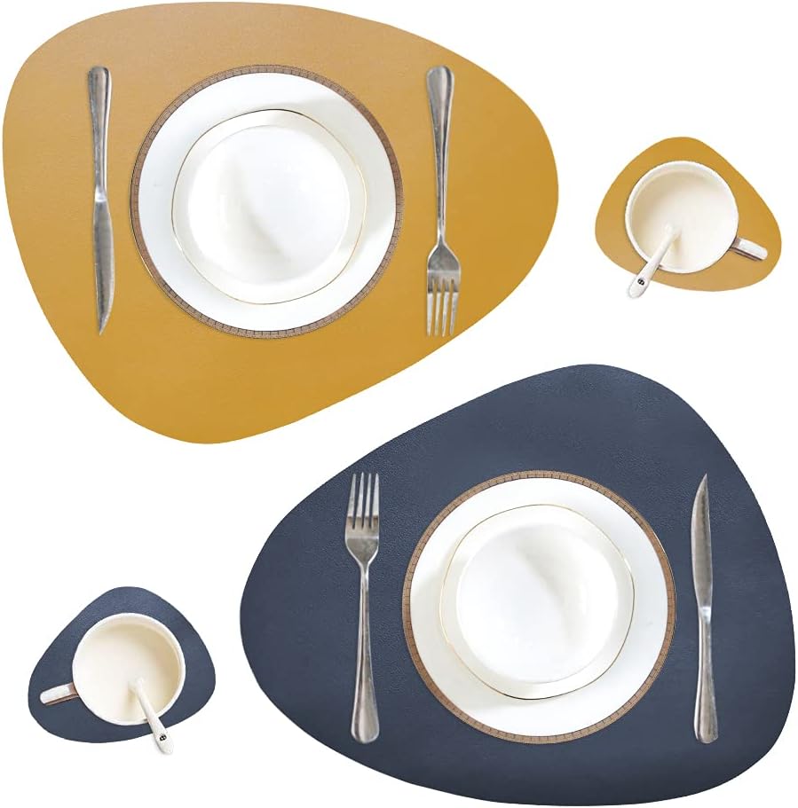 4Pcs Leather Placemats with Coasters Dual-Sided Unique Oval Table Mats Upgraded PU and Color (Navy Blue + Yellow)
