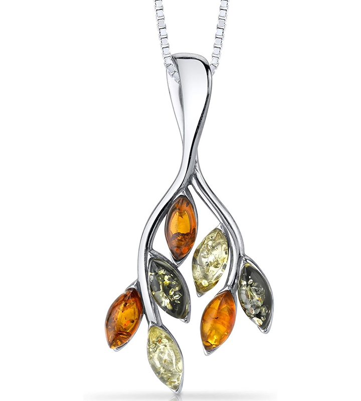 Peora Genuine Baltic Amber Leaf Drop Pendant Necklace for Women 925 Sterling Silver, Rich Multiple Colors, with 18 inch Chain