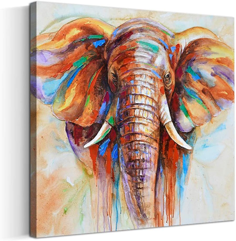 Artinme Original Design Large Contemporary Abstract Colourful Elephant Painting on Canvas Print Wall Art Picture for Living Room Bedroom Wall Decor (32 x 32 inch, Framed)