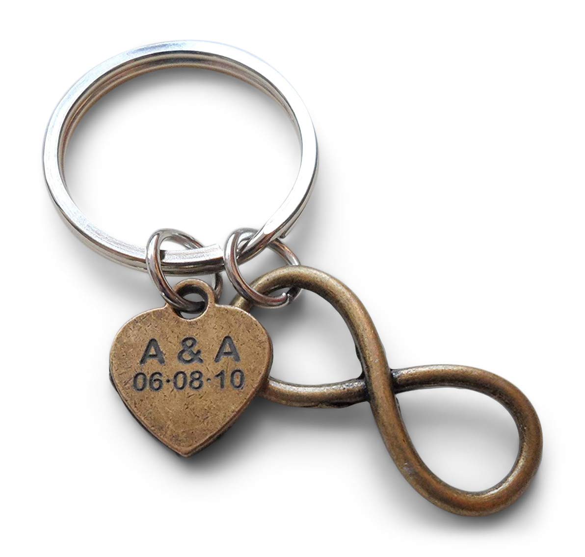 Custom Bronze Infinity Keychain with Engraved Tag for Couples Initials and Date, Anniversary Gift Keychain