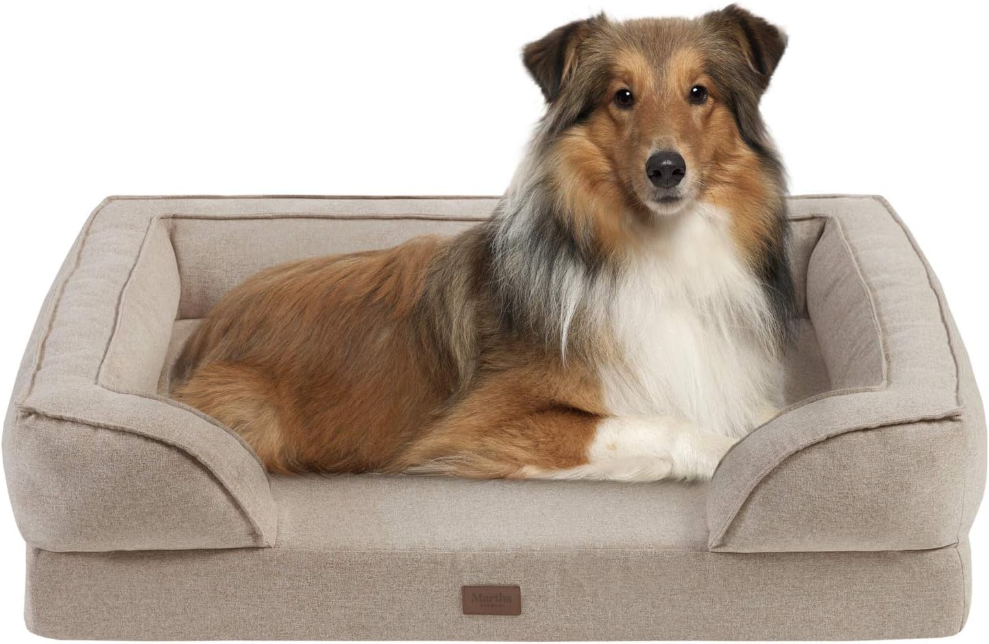 MARTHA STEWART Bella Modern Orthopedic Memory Foam Dog Lounge Sofa, Soft Cushion, Machine Washable Removable Cover, Comfy Bolster Pet Beds, Plush Filling for Large Kitten, Puppy, Cat, Small Tan