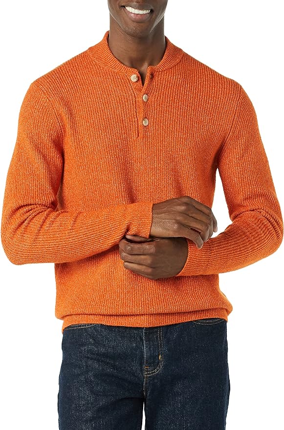 Amazon Essentials Men\'s Long-Sleeve Soft Touch Henley Sweater, Orange, Large